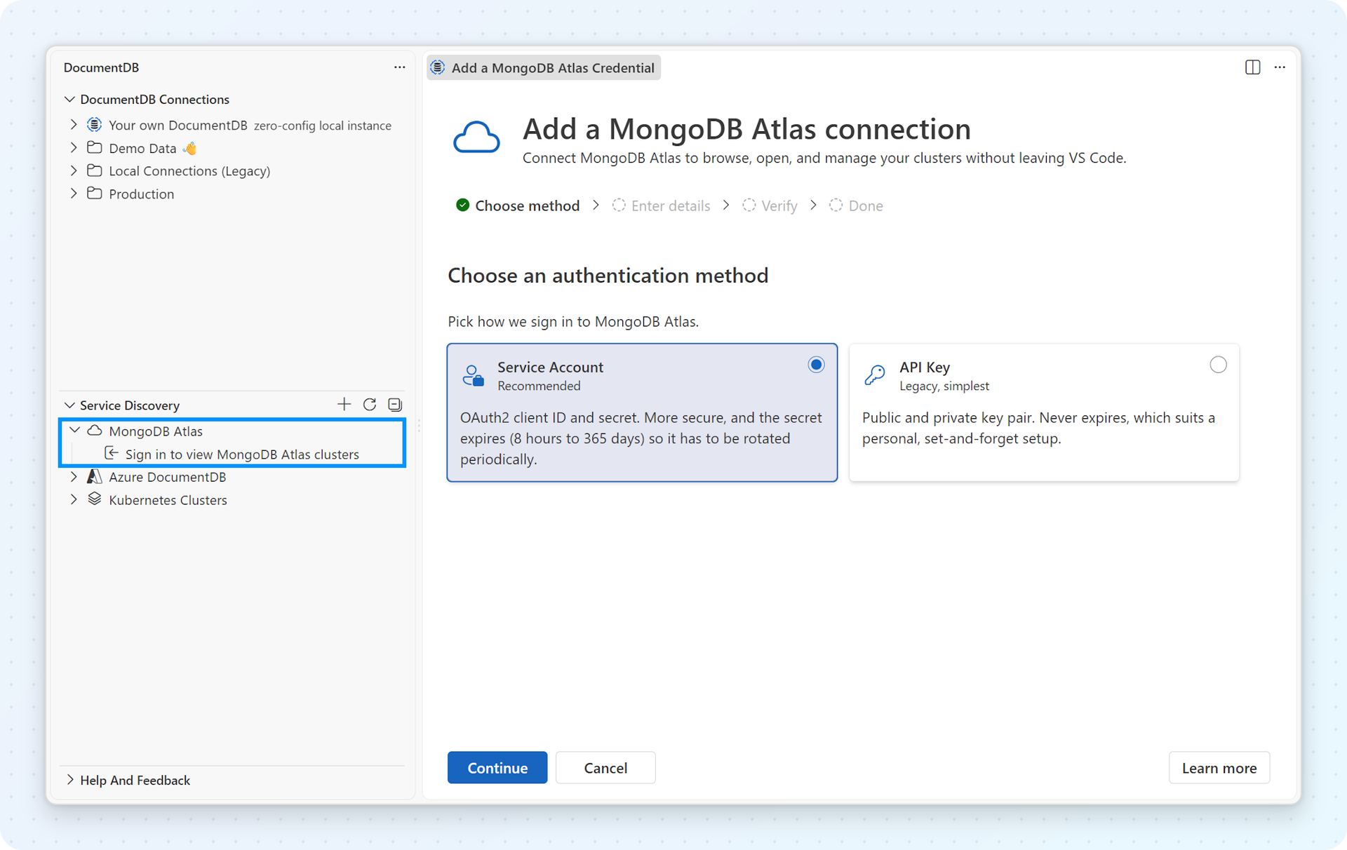 Add a MongoDB Atlas connection in VS Code: the guided setup offers Service Account (recommended) or API Key, with Sign in to view MongoDB Atlas clusters highlighted under MongoDB Atlas in the Service Discovery view