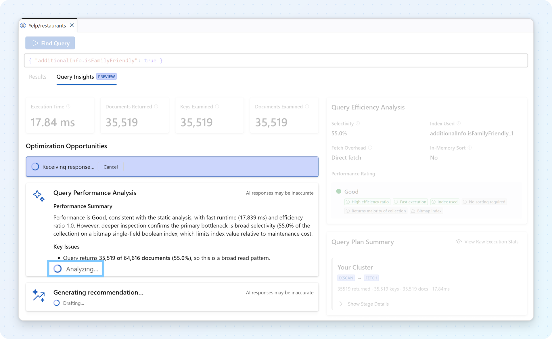 Query Insights streaming an AI summary and index recommendations