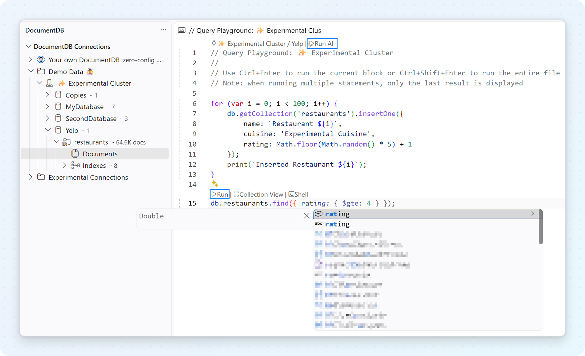 Query Playground with Run All at the top, Run, Collection View and Shell links above each block, and field completion for a query