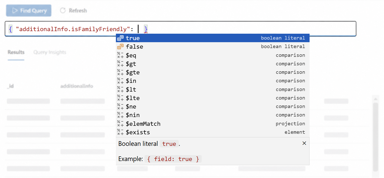 Autocompletion for a boolean field showing true/false values first, then comparison operators