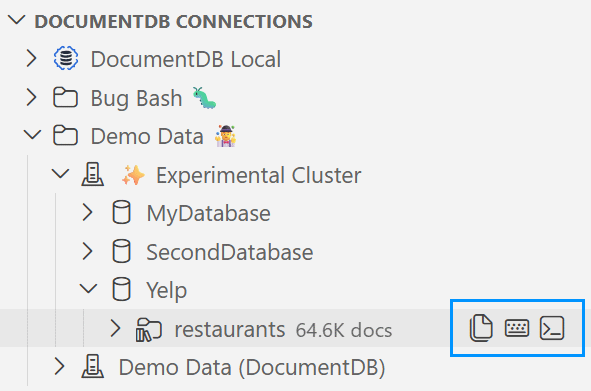 Inline action buttons on a collection node: Open Collection View, New Query Playground, Open Interactive Shell