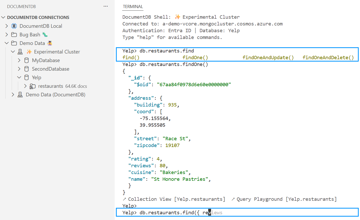Interactive Shell showing tab completion for collection methods and ghost text suggesting a field name