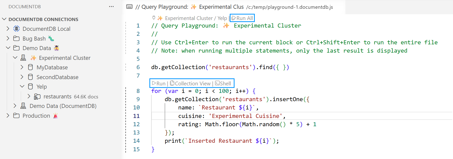 Query Playground showing Run All at the top, and Run, Collection View, Shell CodeLens links on each block