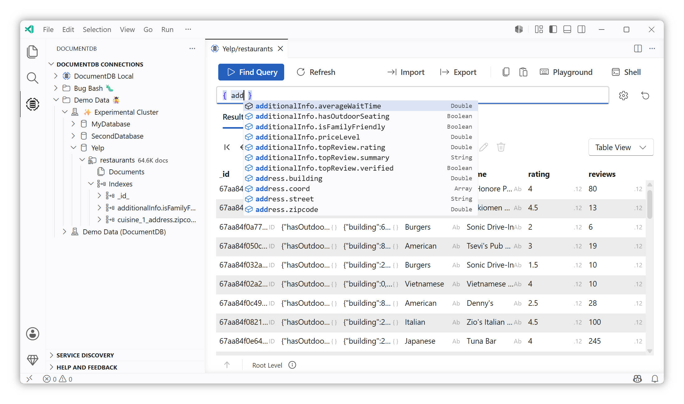 DocumentDB with a Collection View and auto-completion