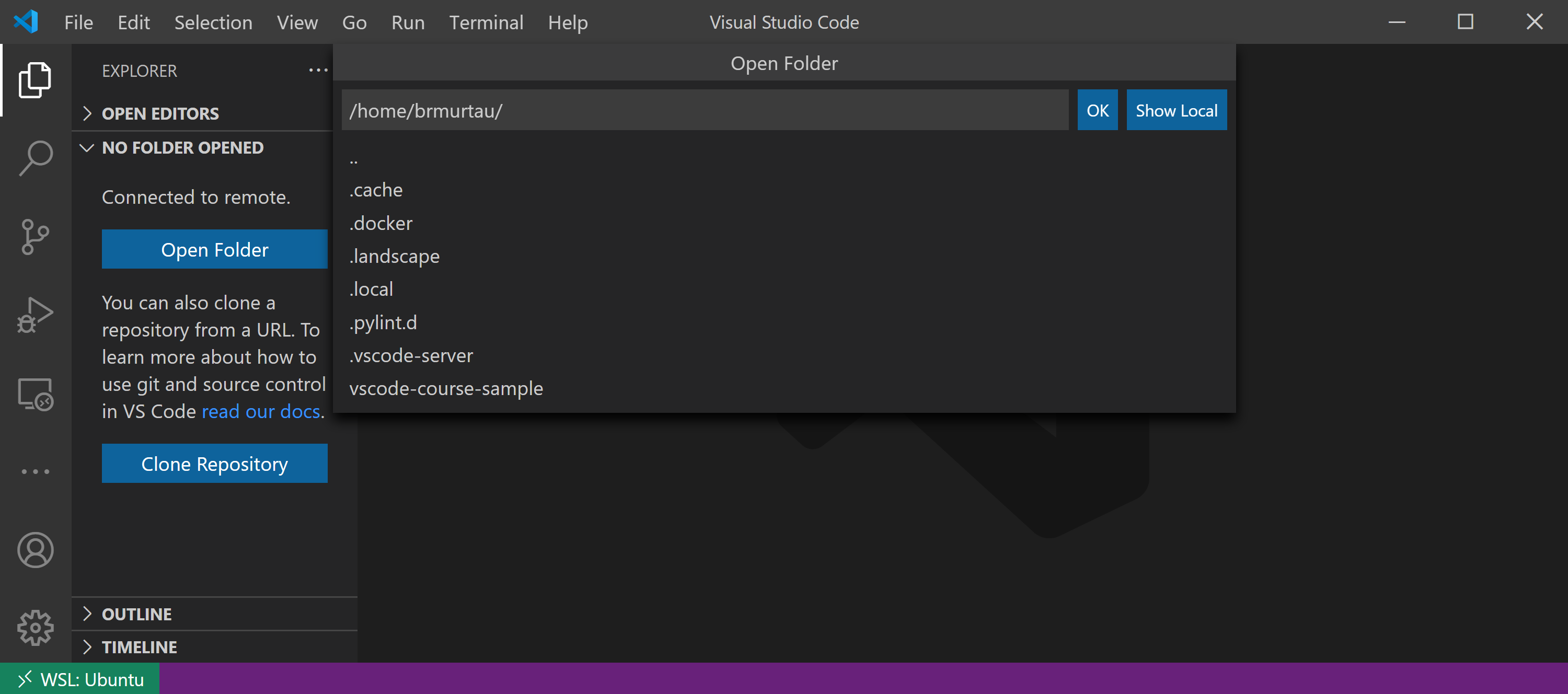 VS Code connected to Ubuntu