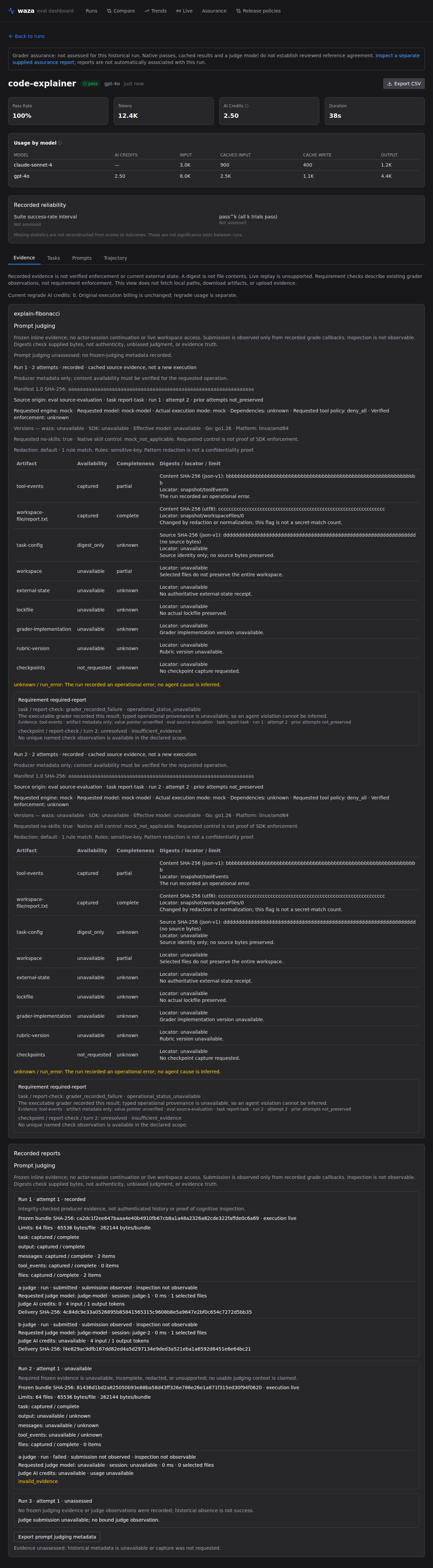 Every trial’s portable evidence, runtime uncertainty, and artifact availability