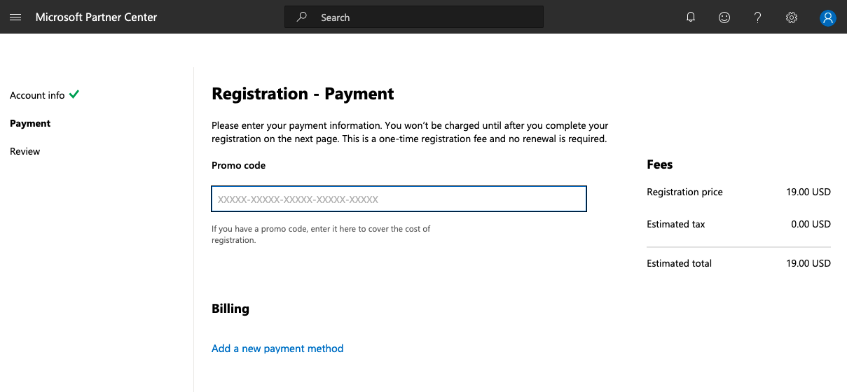 Partner Center payment page